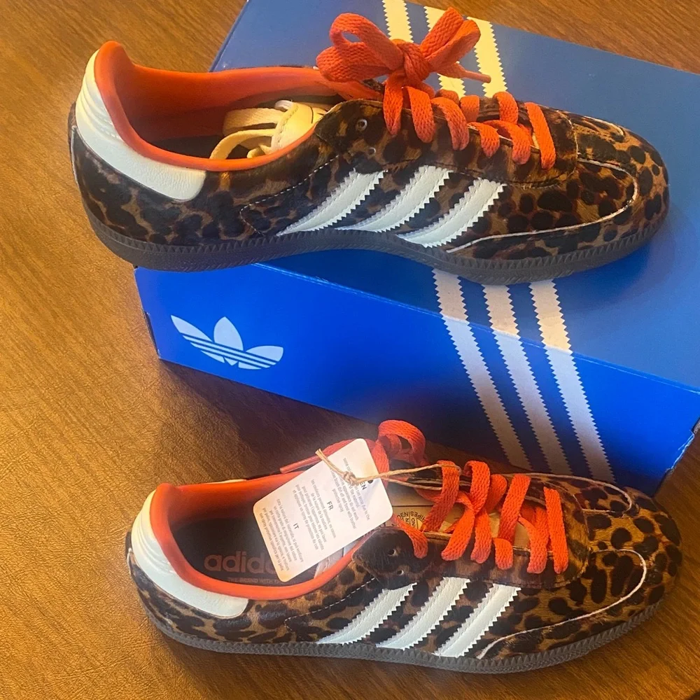 adidas Leopard Print Sneakers with Orange Laces and White Stripes - Picture 4 of 5